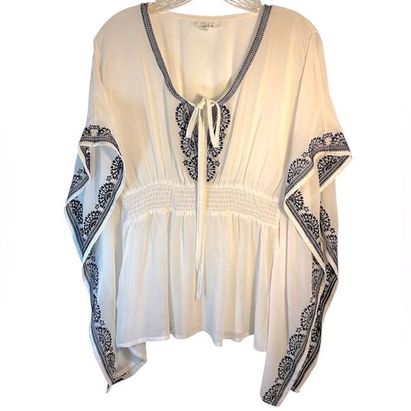 Cecico ladies tunic blouse medium off white black kaftan tunic embroidered - Picture 1 of 13